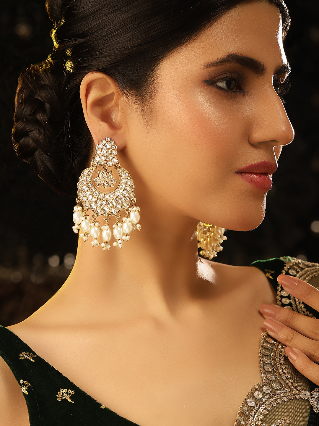 Gold Plated Kundan Floral Chandbali Pearl Drops Earrings