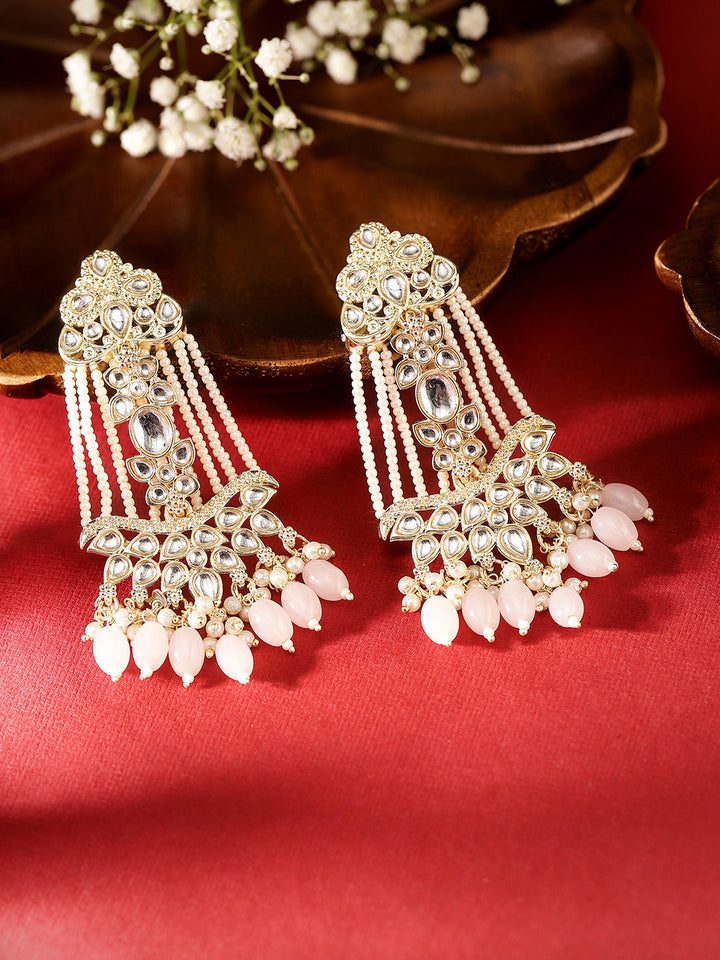 Floral Kundan Pearl Elegance Pink Beads Gold plated Drop Earrings