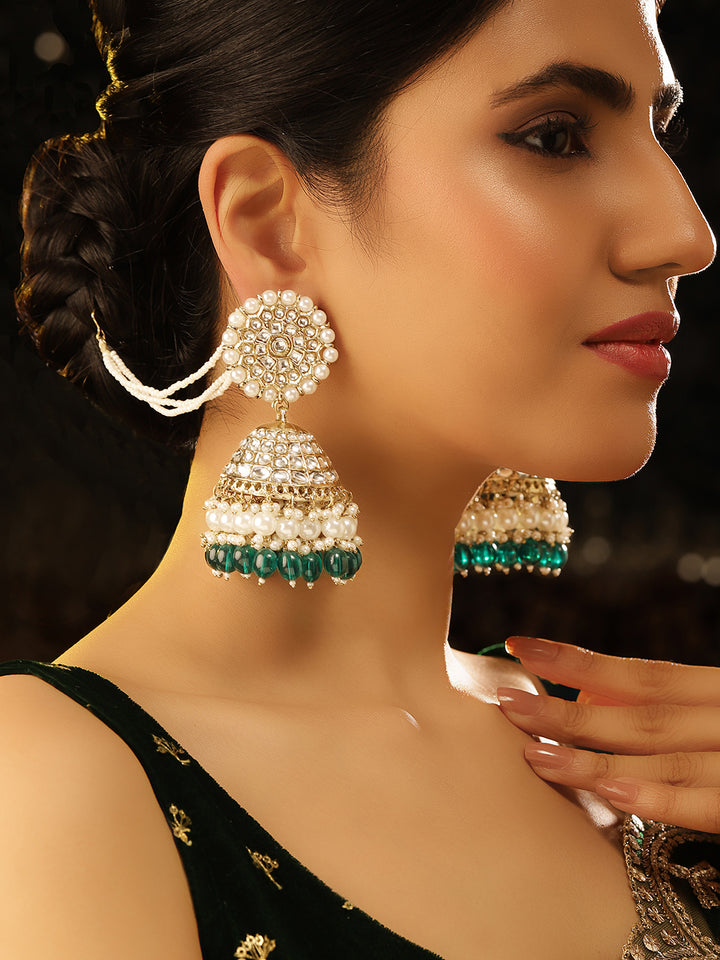 Pearl Green Beads White Stones Floral Pattern Jhumkis with Ear chain Earrings