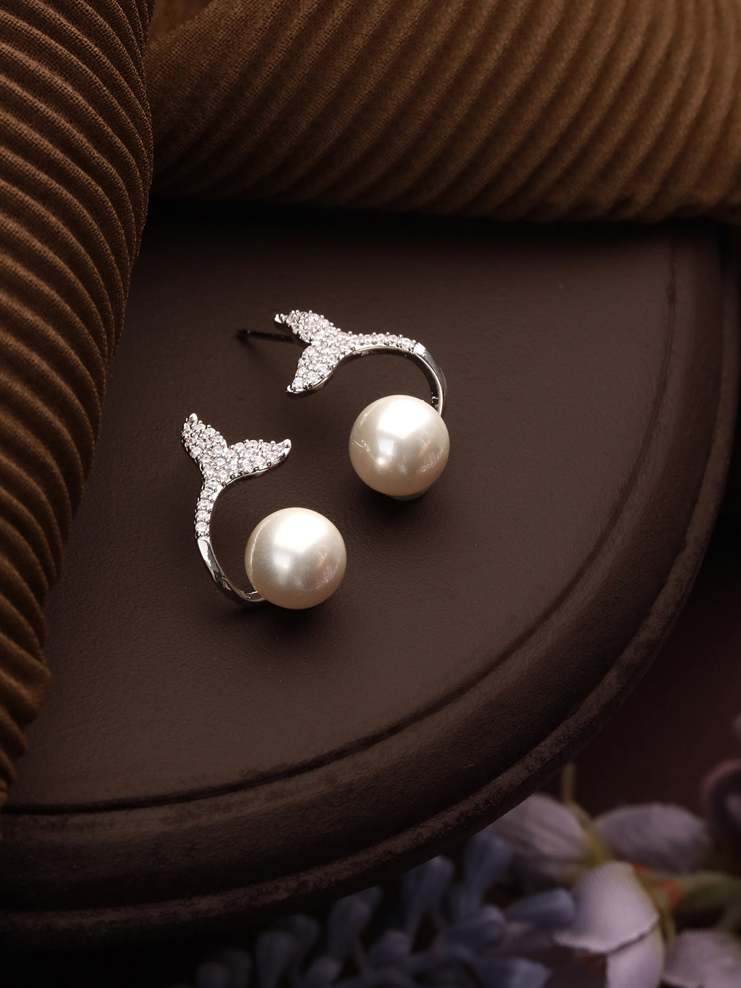 Priyaasi Mermaid Pearl American Diamond Silver-Plated Stud Earrings