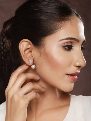 Priyaasi Mermaid Pearl American Diamond Silver-Plated Stud Earrings