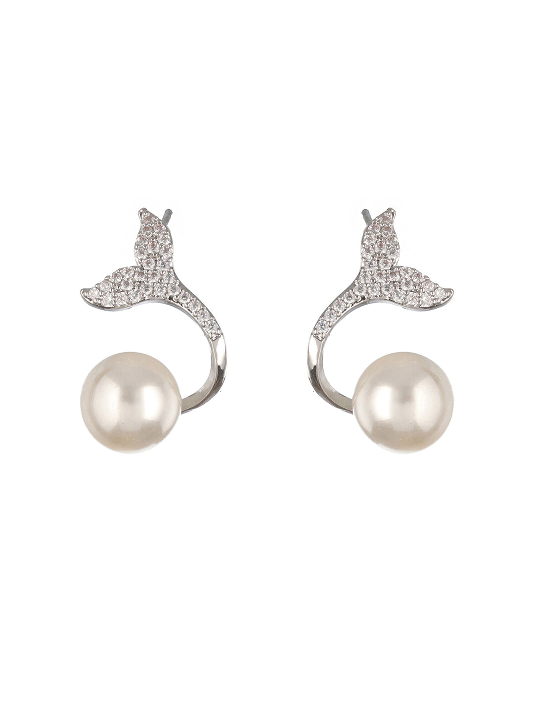 Priyaasi Mermaid Pearl American Diamond Silver-Plated Stud Earrings