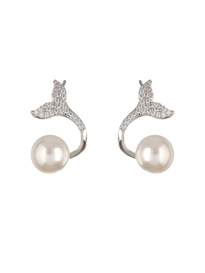 Priyaasi Mermaid Pearl American Diamond Silver-Plated Stud Earrings
