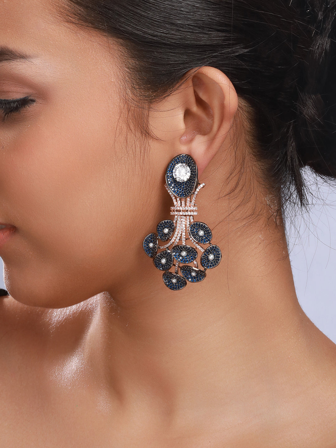 Priyaasi Blue AD Studded Rose Gold Silver-Plated Drop Earrings