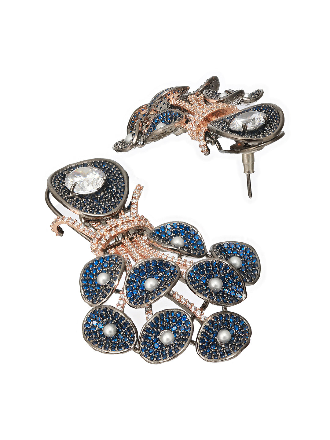 Priyaasi Blue AD Studded Rose Gold Silver-Plated Drop Earrings