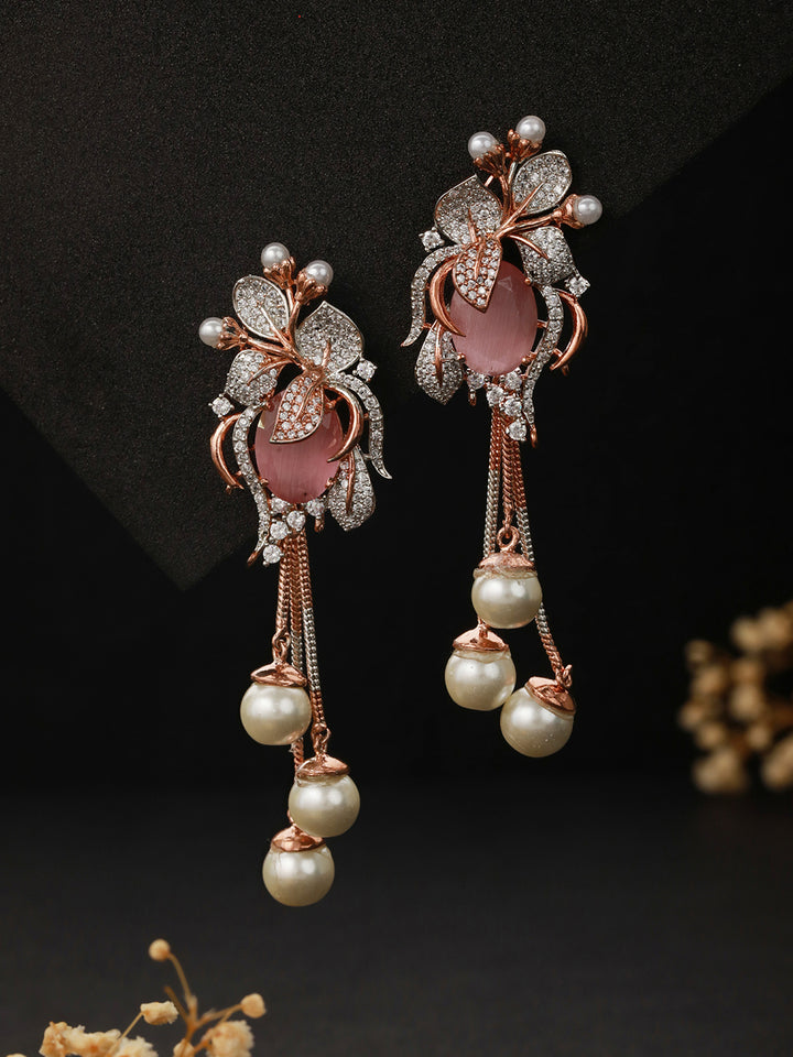 Priyaasi Pink Stone Pearl Vine American Diamond Rose Gold-Plated Drop Earrings