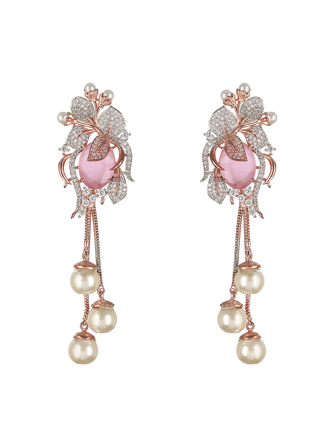 Priyaasi Pink Stone Pearl Vine American Diamond Rose Gold-Plated Drop Earrings