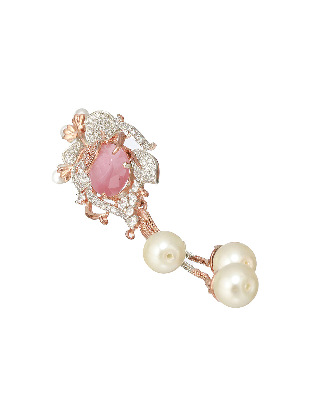 Priyaasi Pink Stone Pearl Vine American Diamond Rose Gold-Plated Drop Earrings