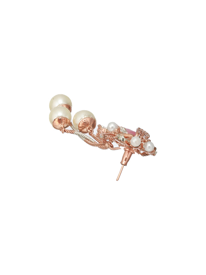 Priyaasi Pink Stone Pearl Vine American Diamond Rose Gold-Plated Drop Earrings