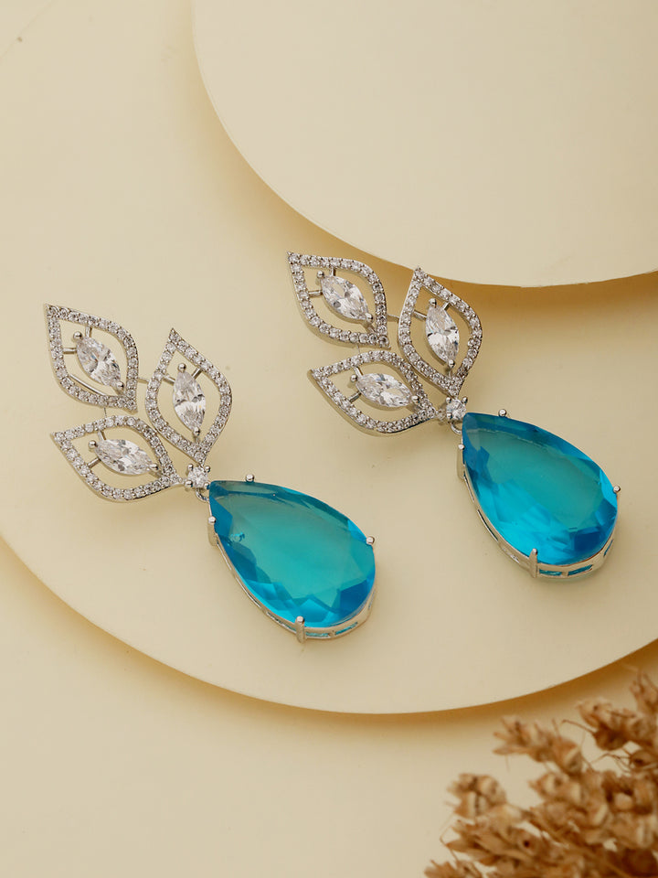 Priyaasi Blue Stone Leaf Drop American Diamond Silver-Plated Drop Earrings