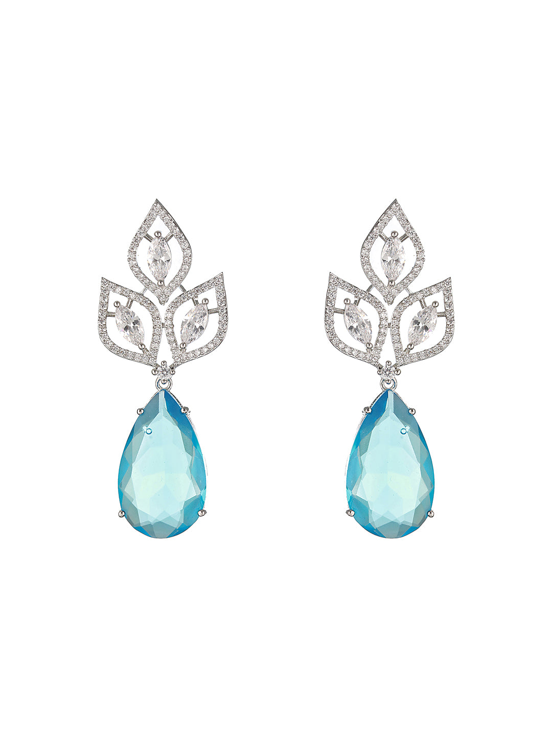 Priyaasi Blue Stone Leaf Drop American Diamond Silver-Plated Drop Earrings