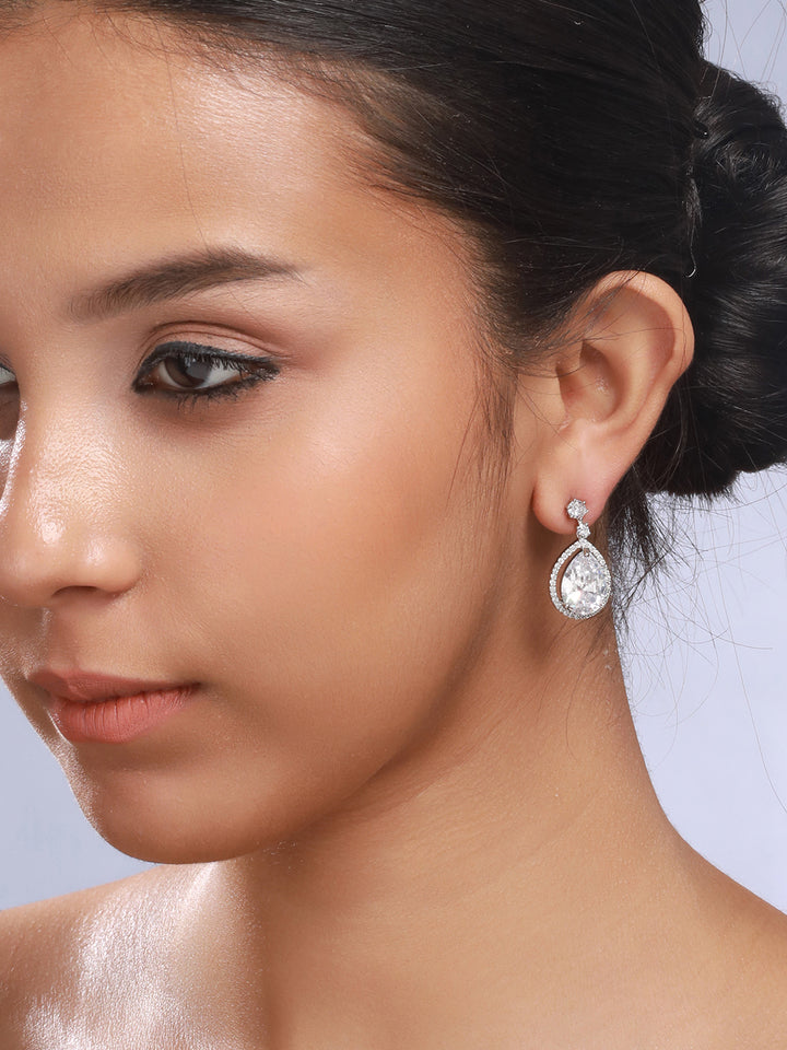 Priyaasi White Leaf American Diamond Silver-Plated Drop Earrings