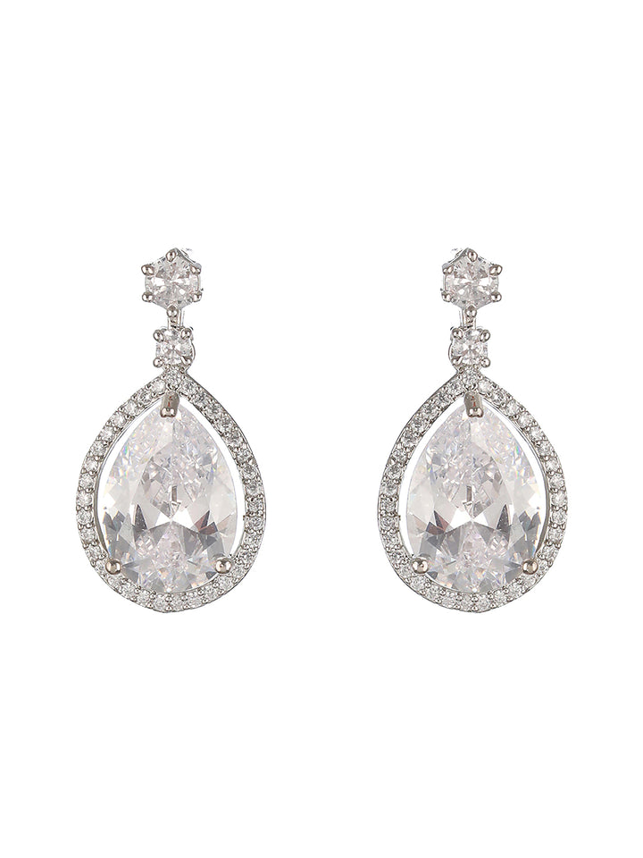 Priyaasi White Leaf American Diamond Silver-Plated Drop Earrings
