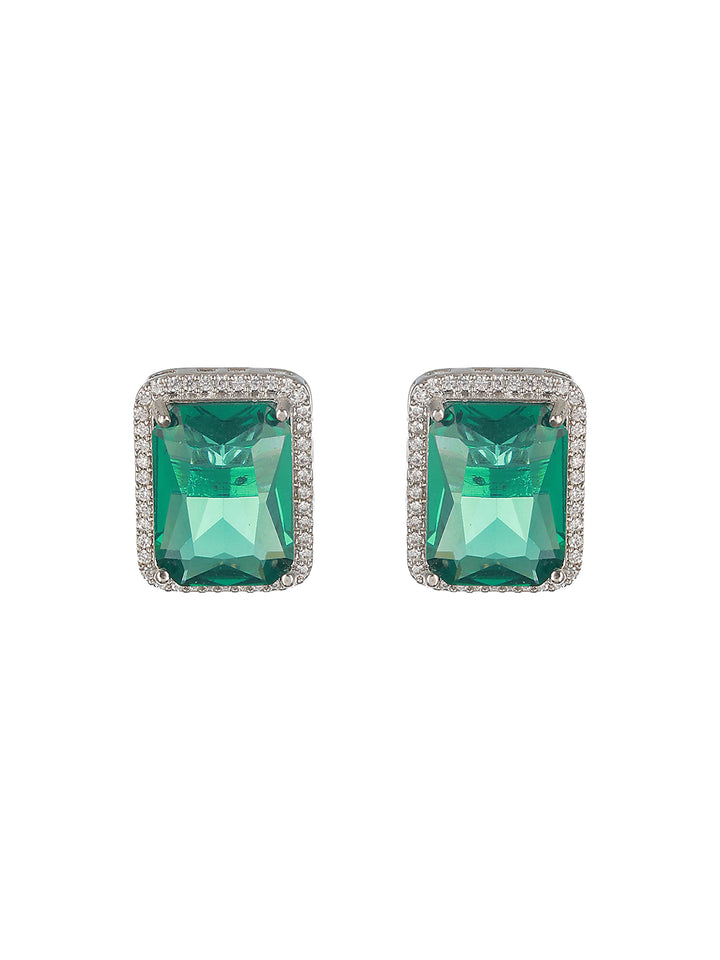 Priyaasi Green Block American Diamond Silver-Plated Stud Earrings