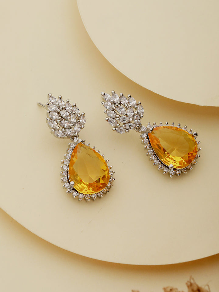 Priyaasi Yellow Leaf American Diamond Silver-Plated Drop Earrings