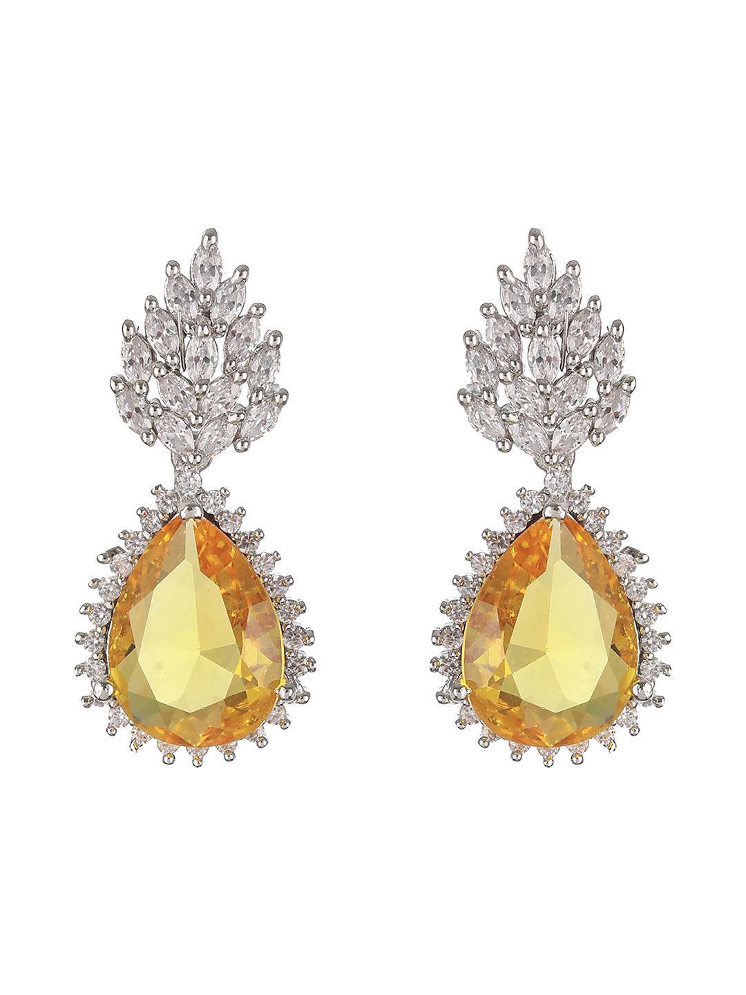 Priyaasi Yellow Leaf American Diamond Silver-Plated Drop Earrings