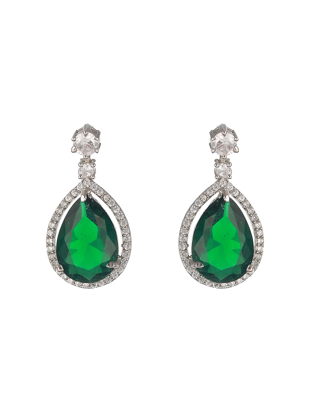 Priyaasi Green Leaf American Diamond Silver-Plated Drop Earrings