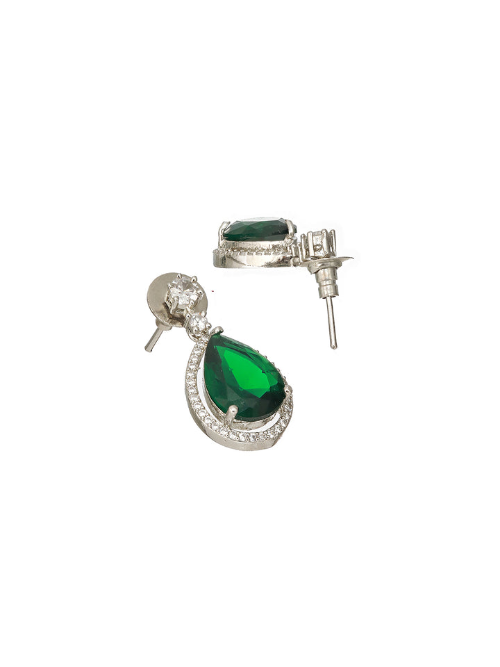 Priyaasi Green Leaf American Diamond Silver-Plated Drop Earrings