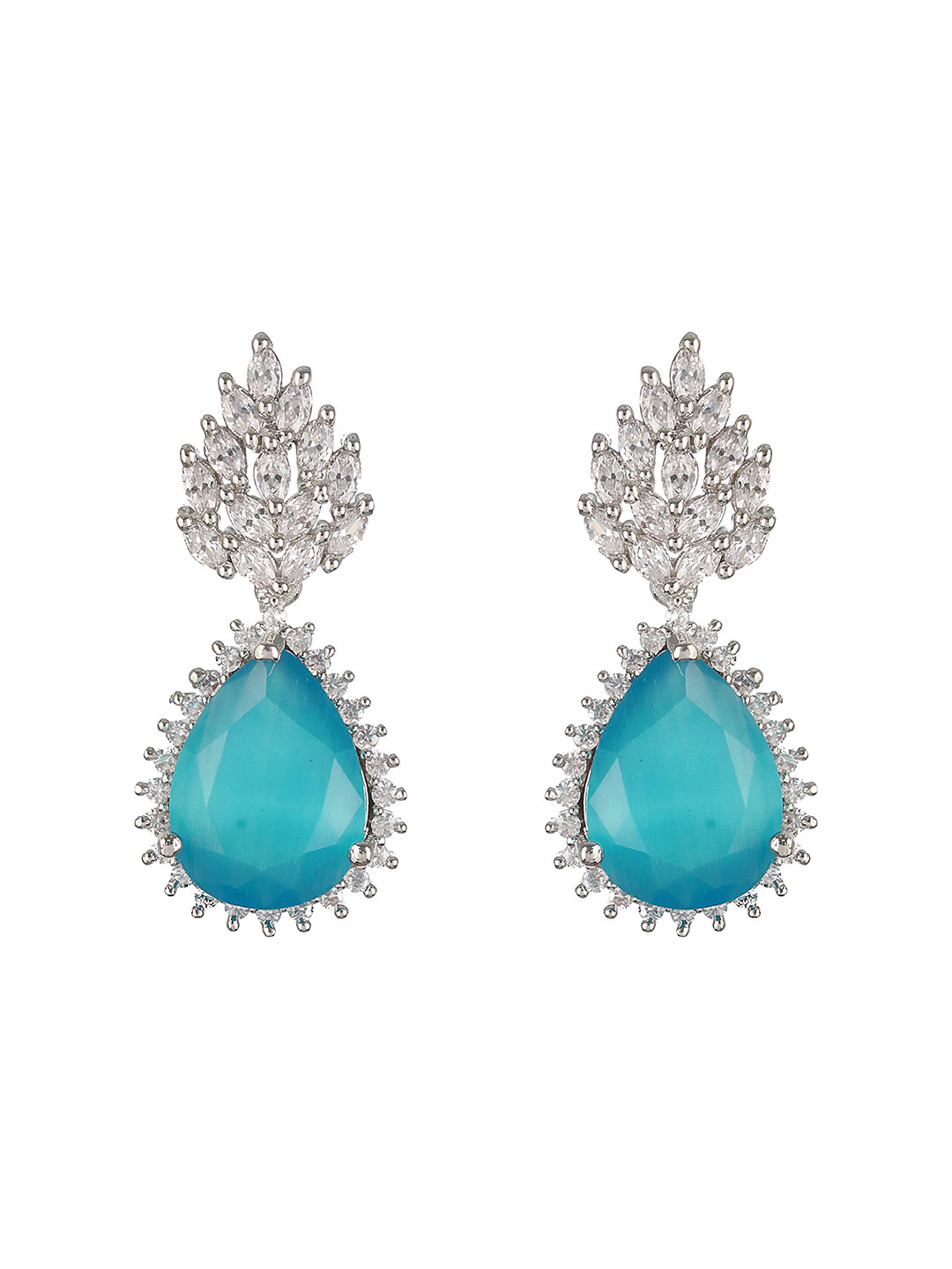 Priyaasi Sky Blue Leaf American Diamond Silver-Plated Drop Earrings