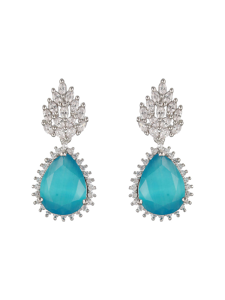 Priyaasi Sky Blue Leaf American Diamond Silver-Plated Drop Earrings