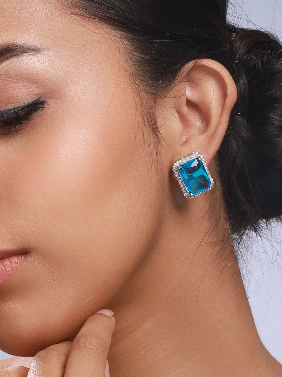 Priyaasi Blue Block American Diamond Silver-Plated Stud Earrings