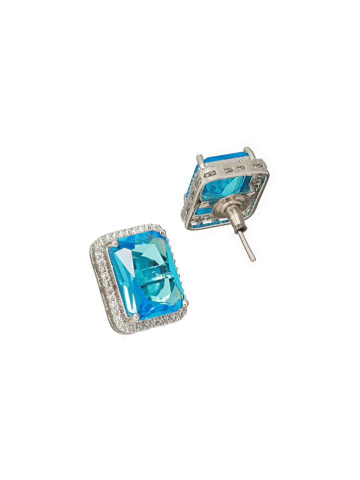 Priyaasi Blue Block American Diamond Silver-Plated Stud Earrings