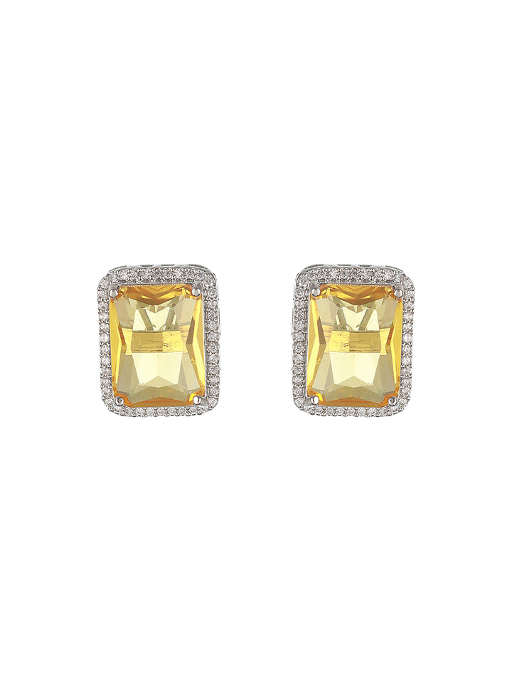 Priyaasi Yellow Block American Diamond Silver-Plated Stud Earrings