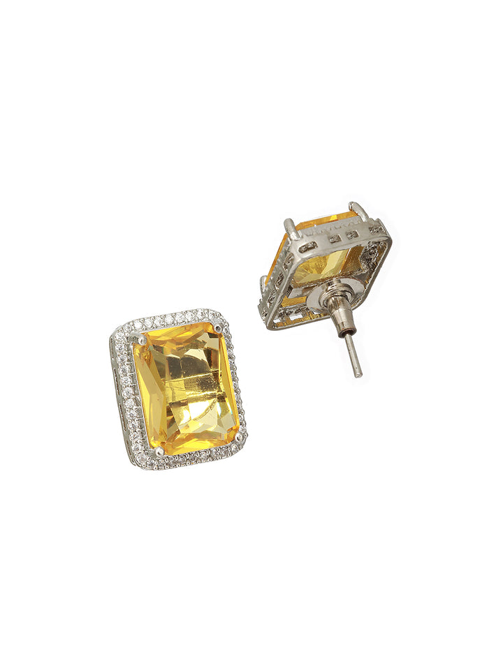 Priyaasi Yellow Block American Diamond Silver-Plated Stud Earrings