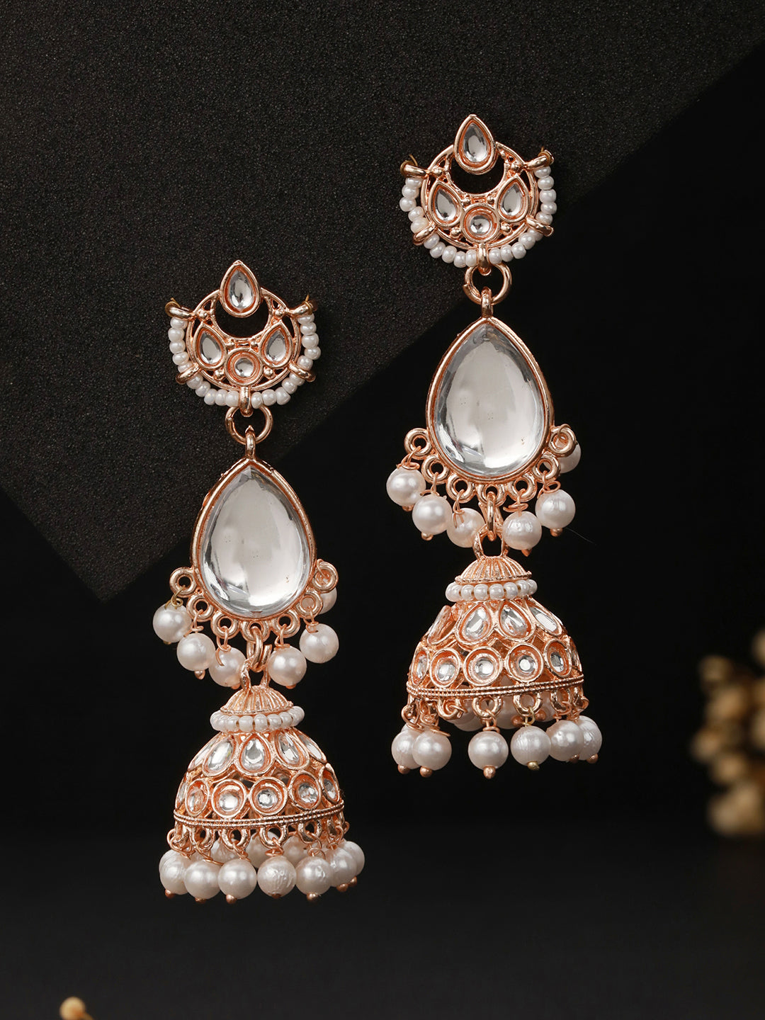 Priyaasi Kundan Leaf Pearl Drop Rose Gold-Plated Jhumka Earrings