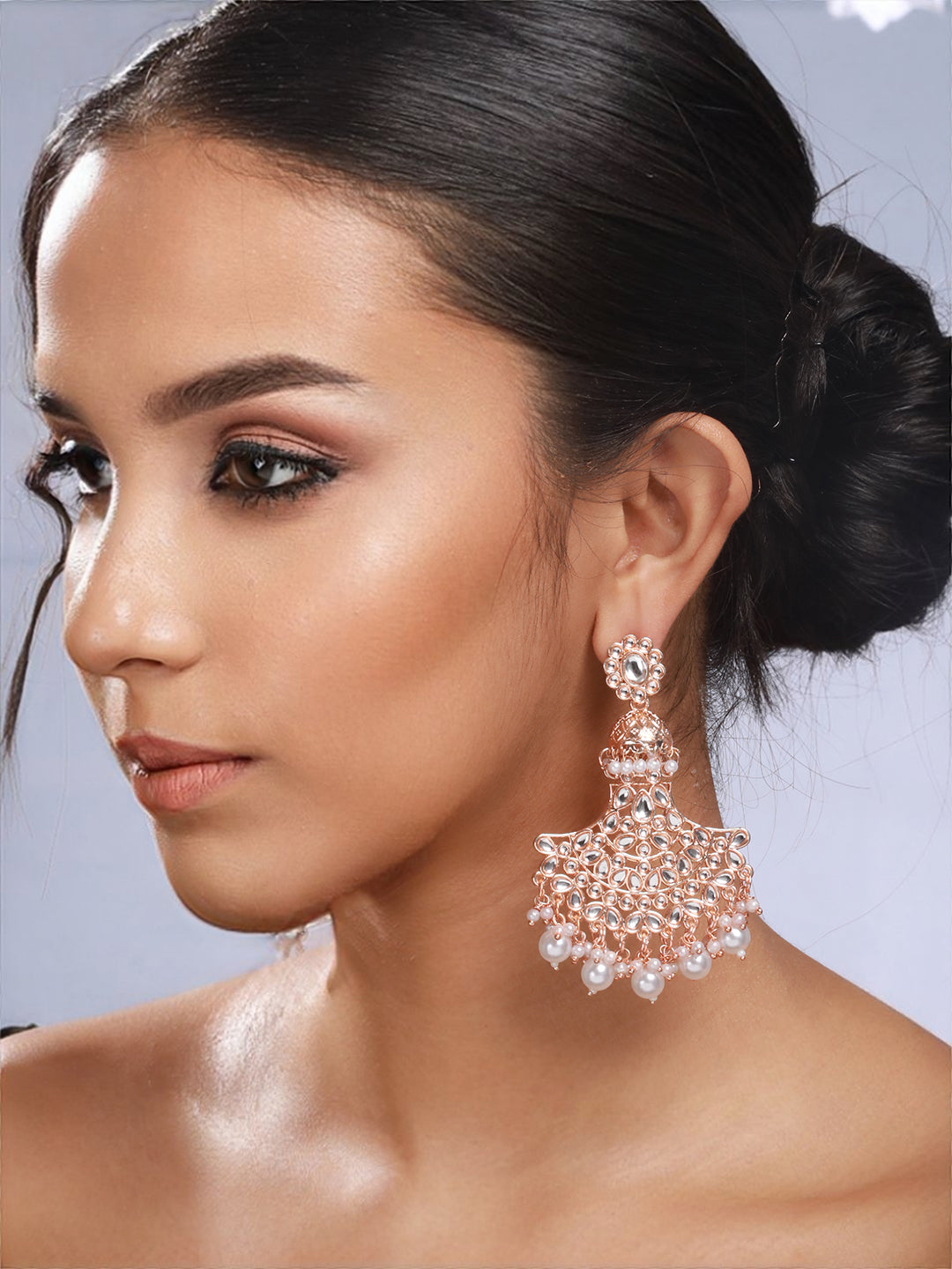 Priyaasi Floral Pearl Kundan Rose Gold-Plated Drop Earrings