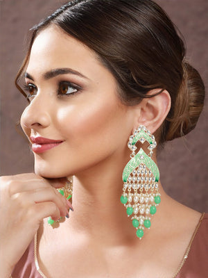 Priyaasi Mint Green Kundan Leaf Beaded Meenakari Gold-Plated Drop Earrings