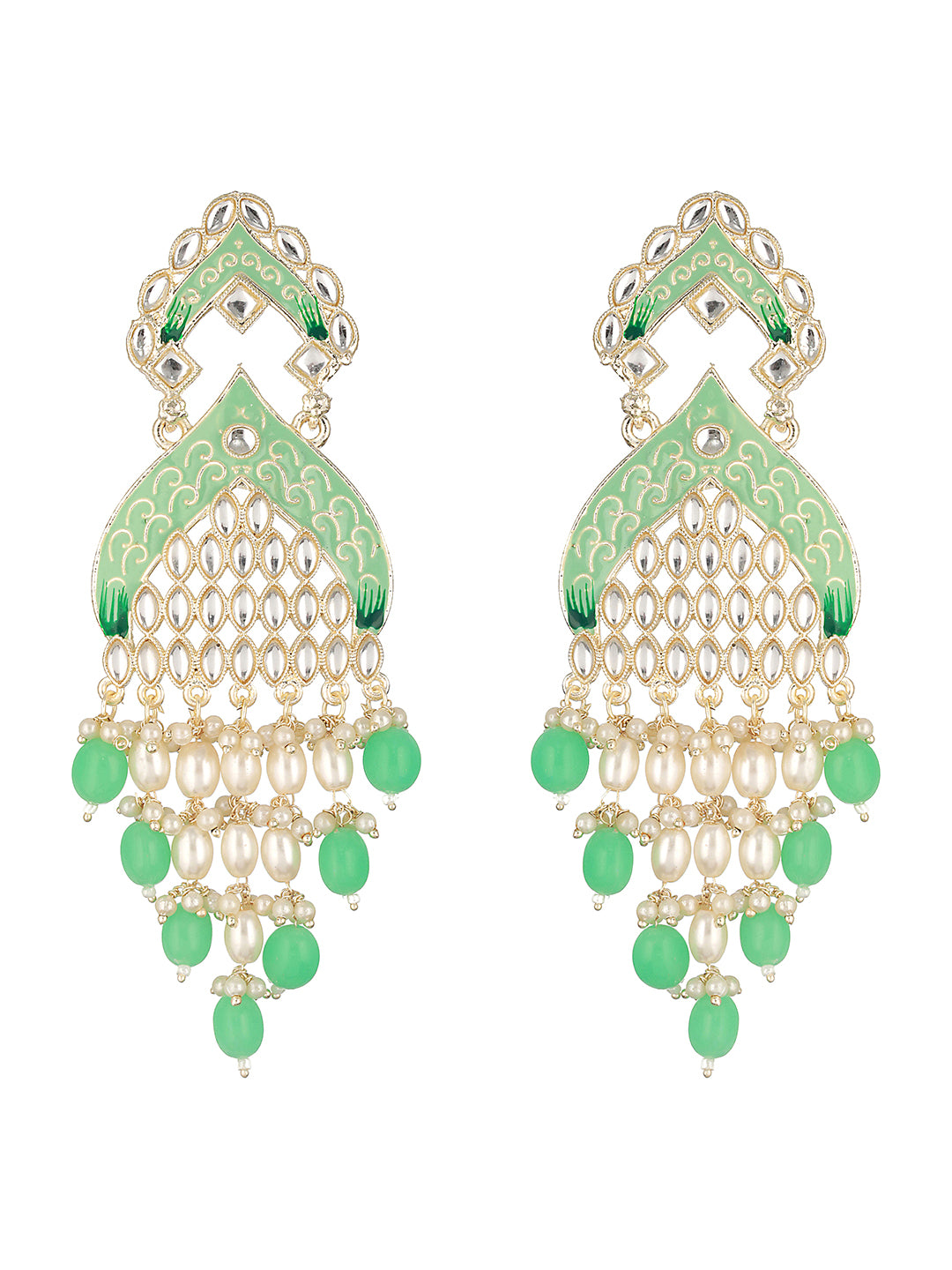 Priyaasi Mint Green Kundan Leaf Beaded Meenakari Gold-Plated Drop Earrings