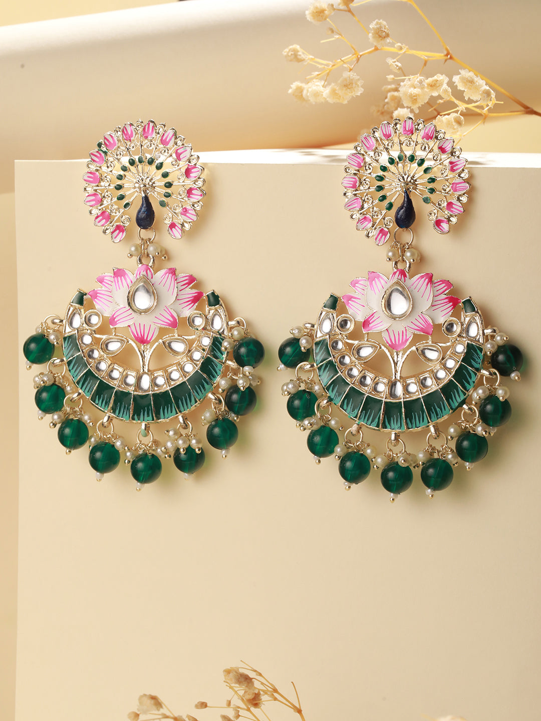 Priyaasi Green Floral Kundan Beaded Meenakari Gold-Plated Chandbali Earrings