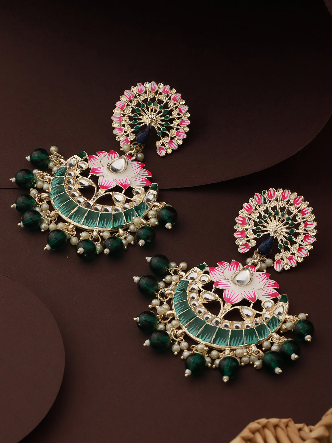 Priyaasi Green Floral Kundan Beaded Meenakari Gold-Plated Chandbali Earrings