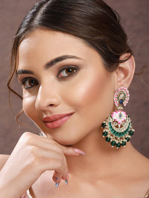 Priyaasi Green Floral Kundan Beaded Meenakari Gold-Plated Chandbali Earrings