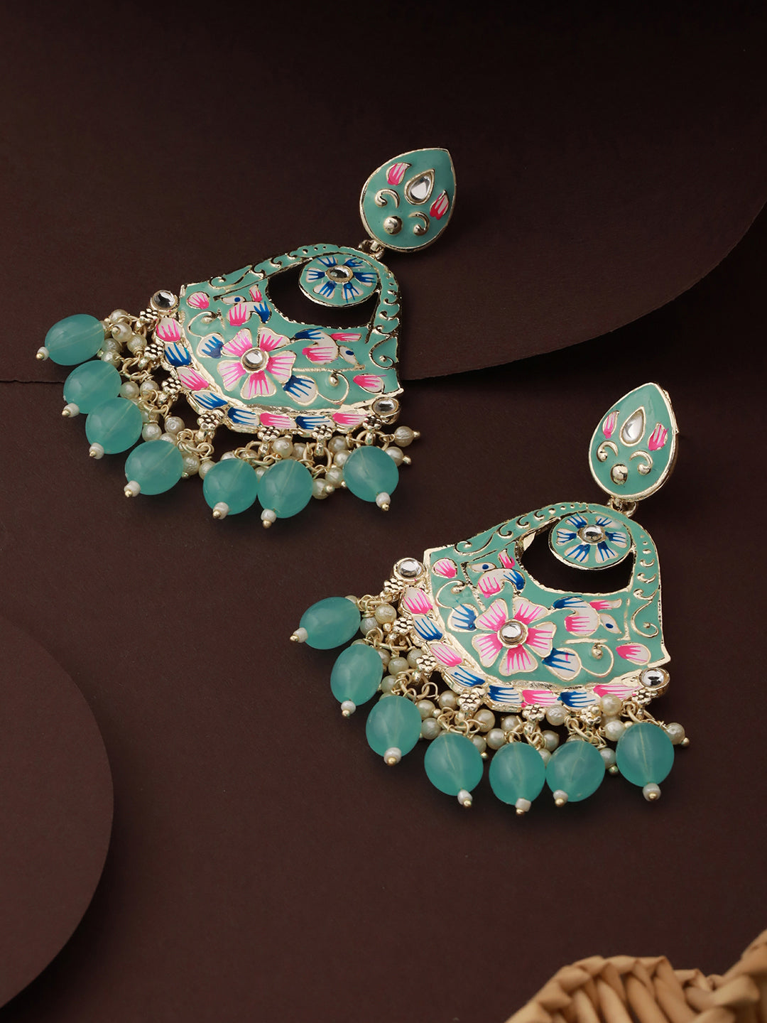 Priyaasi Sea Green Floral Studded Meenakari Beaded Gold-Plated Drop Earrings