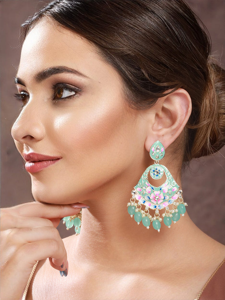 Priyaasi Sea Green Floral Studded Meenakari Beaded Gold-Plated Drop Earrings