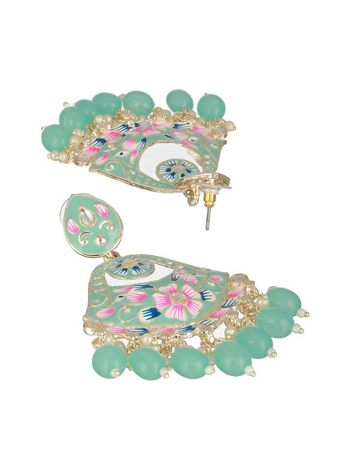 Priyaasi Sea Green Floral Studded Meenakari Beaded Gold-Plated Drop Earrings