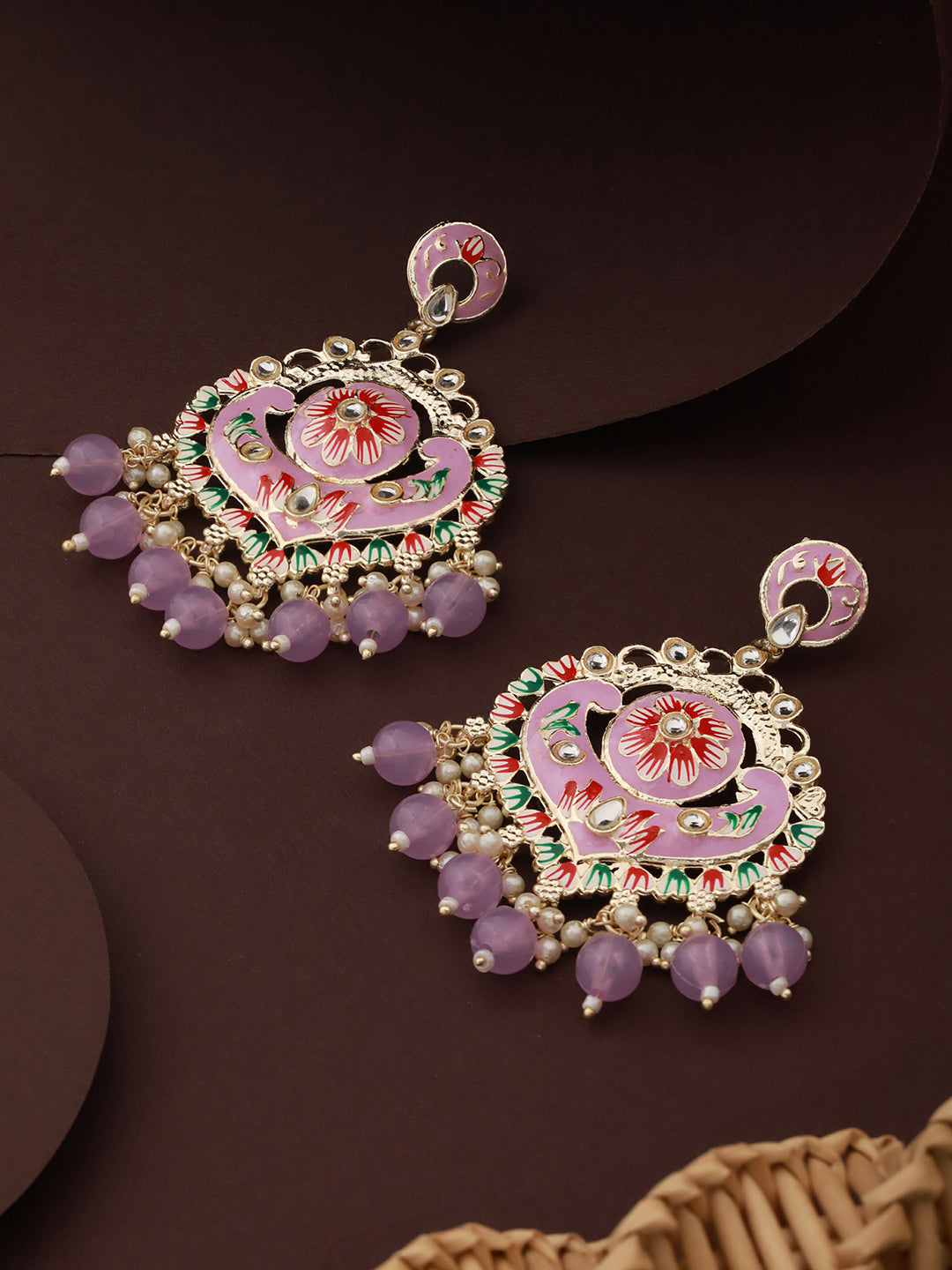 Priyaasi Purple Floral Beaded Meenakari Gold-Plated Drop Earrings