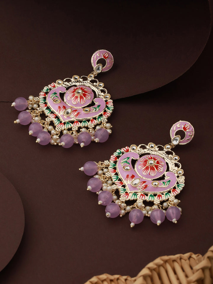Priyaasi Purple Floral Beaded Meenakari Gold-Plated Drop Earrings