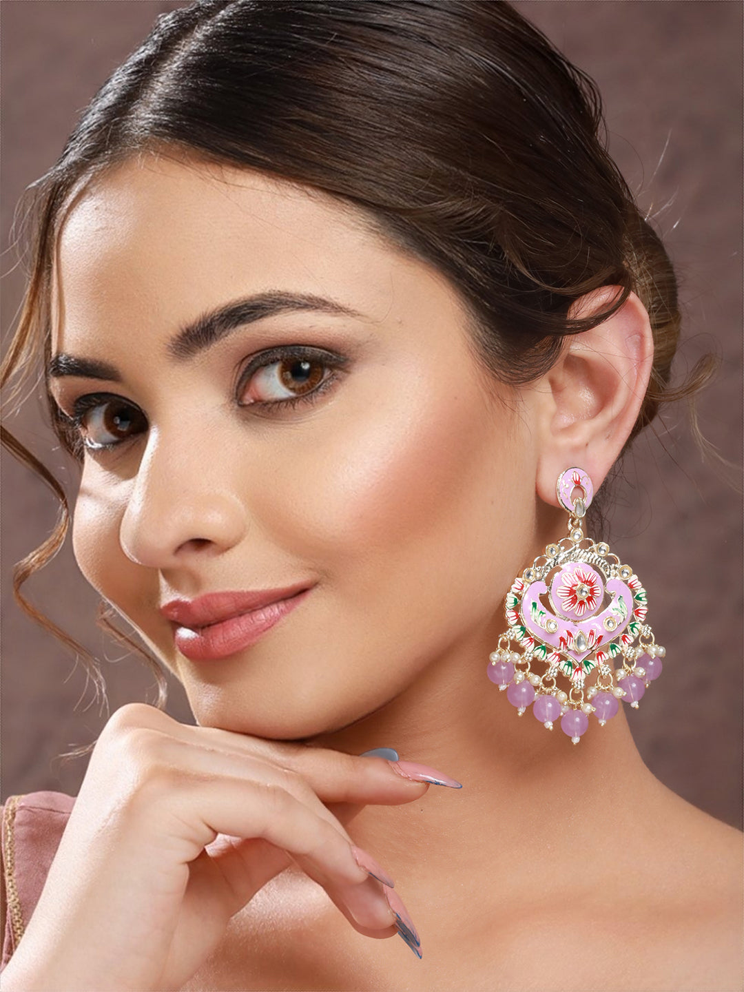 Priyaasi Purple Floral Beaded Meenakari Gold-Plated Drop Earrings