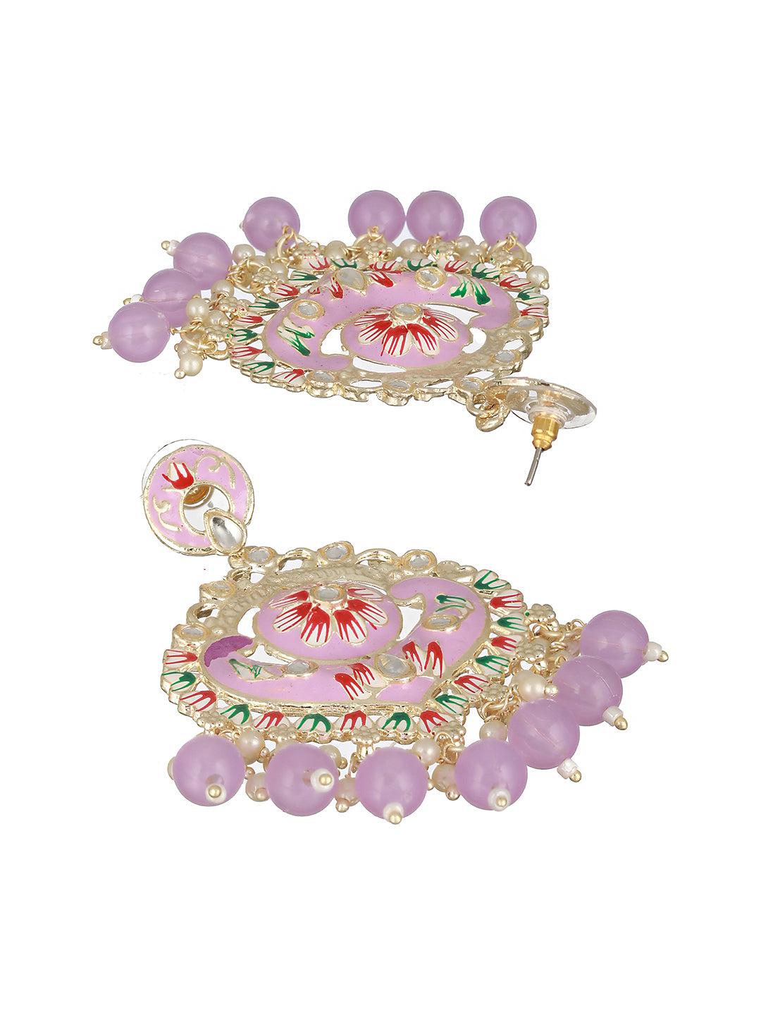 Priyaasi Purple Floral Beaded Meenakari Gold-Plated Drop Earrings