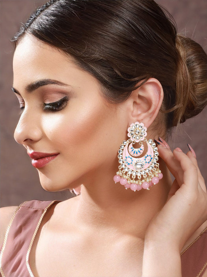 Priyaasi Pink Floral Kundan Beaded Meenakari Gold-Plated Chandbali Earrings