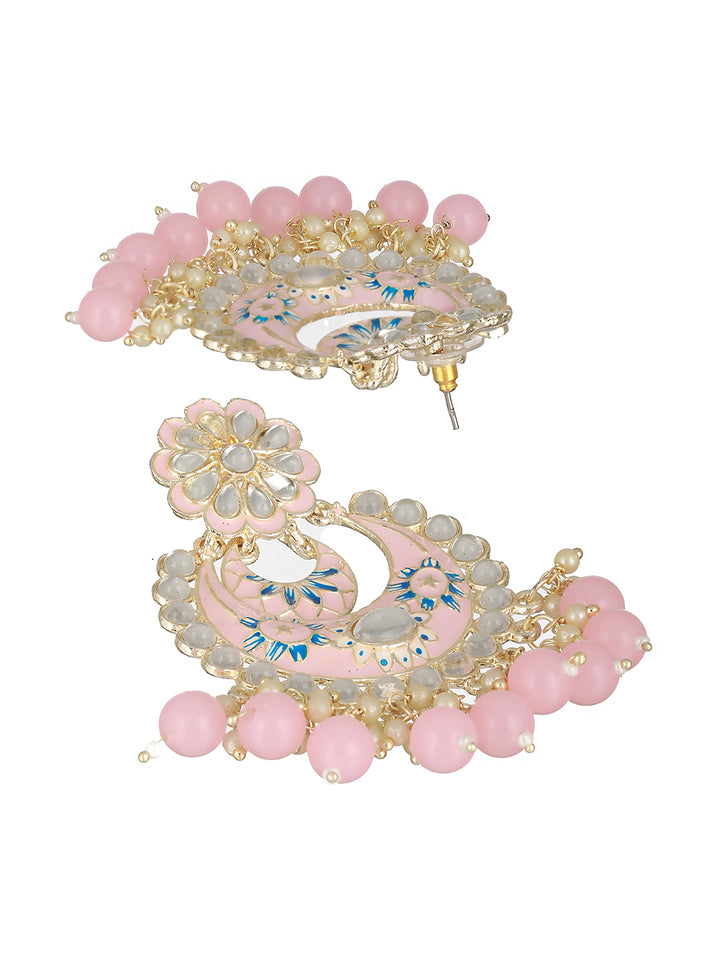 Priyaasi Pink Floral Kundan Beaded Meenakari Gold-Plated Chandbali Earrings