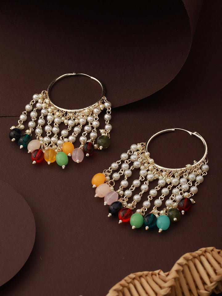 Priyaasi Multicolor Beaded Tasselled Pearls Gold-Plated Hoop Earrings