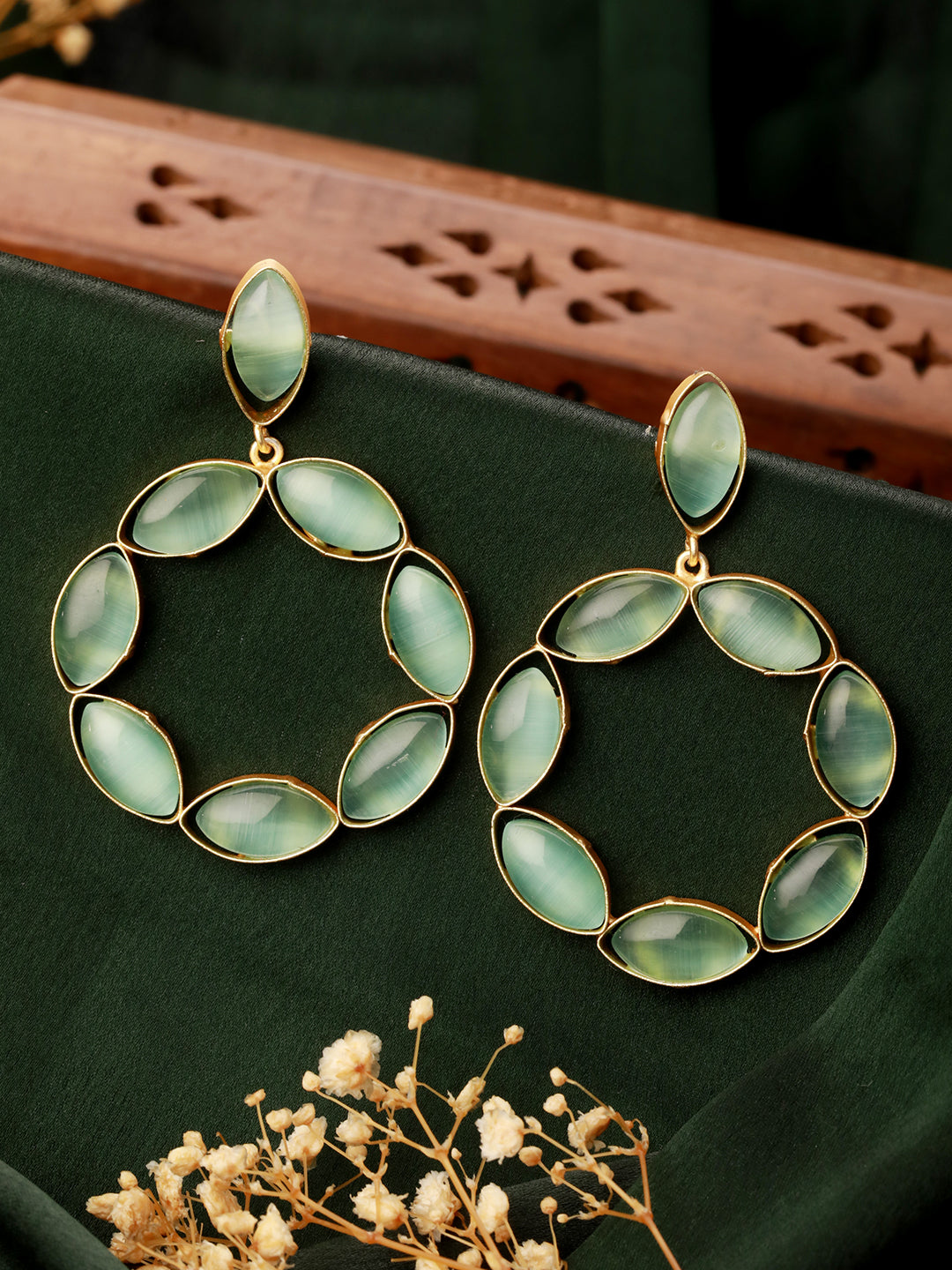 Priyaasi Studded Sea Green Gold-Plated Circle Drop Earrings