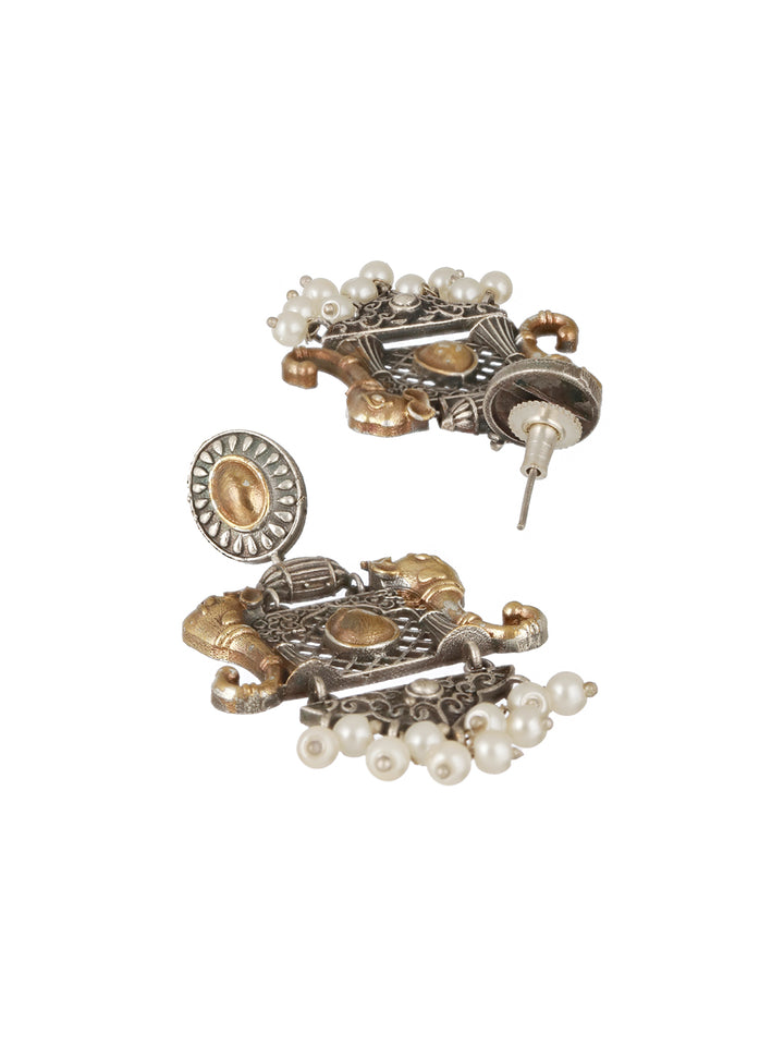 Priyaasi Oxidised Elephant Motif Beaded Gold & Silver-Plated Drop Earrings