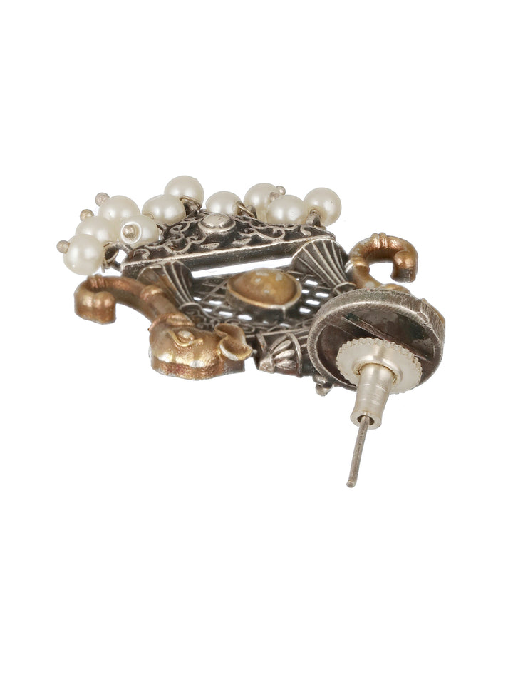 Priyaasi Oxidised Elephant Motif Beaded Gold & Silver-Plated Drop Earrings