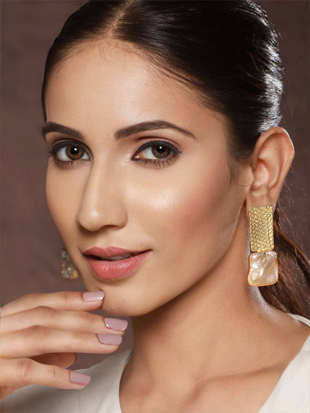 Priyaasi White Stone-Studded Textured Gold-Plated Drop Earrings