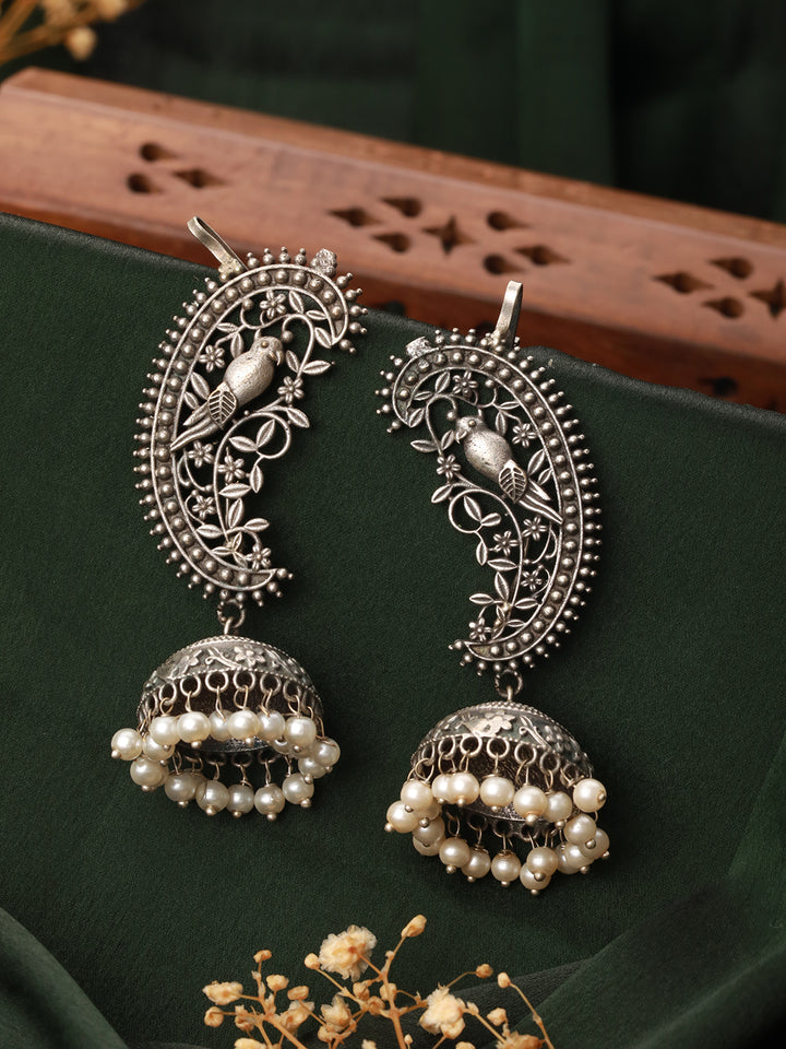 Priyaasi Oxidised Silver Parrot Jhumka Beaded Drop Earcuff Earrings